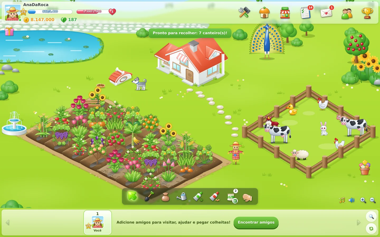 Tela do jogo: fazenda com plantação, casa, cachorro e animais no cercado